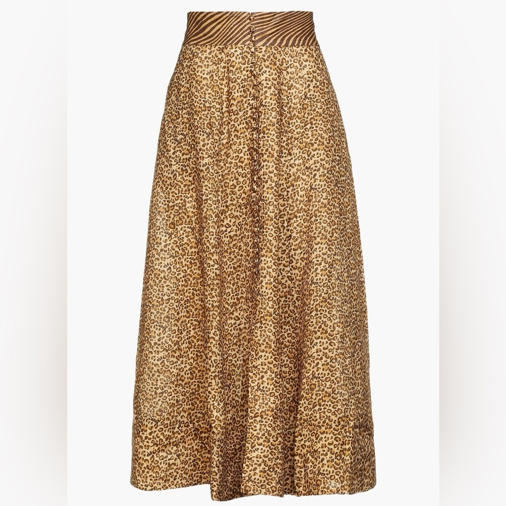 ZIMMERMANN Brown‎ Empire Leopard-print Linen Midi Skirt Size Zimmermann 1